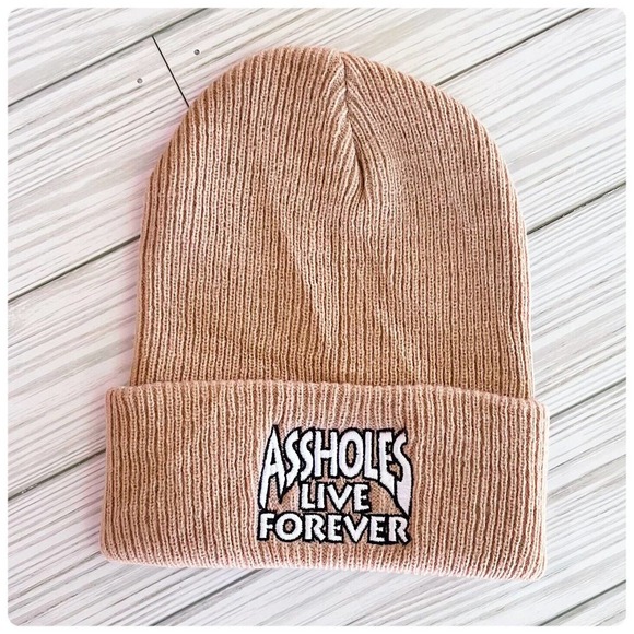 Aholes live forever lightening patch funny beanie tan one size fits most. New - Picture 1 of 2